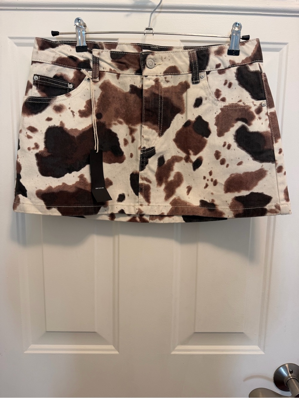 Womens Cow Print Denim Mini Skirt in Brown & Cream - West of Melrose - Size 28